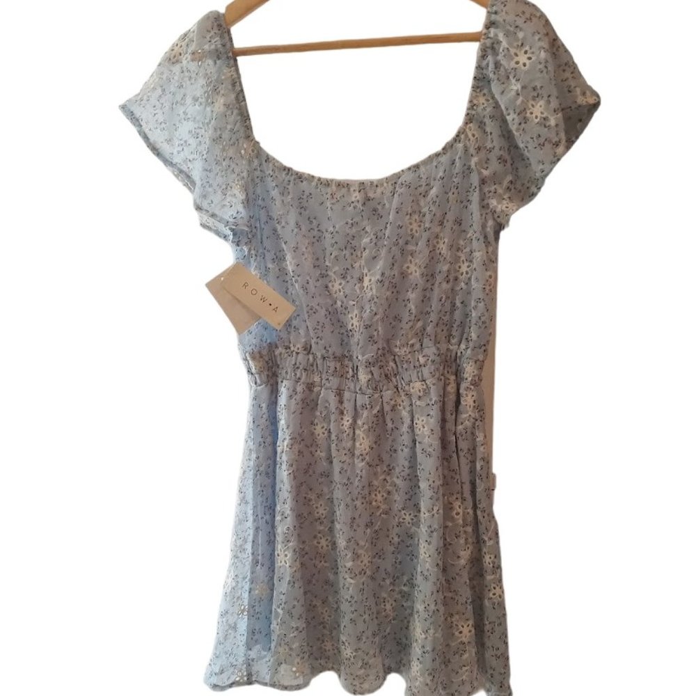 NWT | Row A | Ruffle Floral | Smocked Waist | Mini Dress | Blue White | Size: M